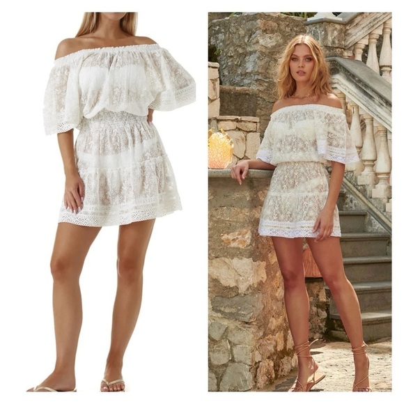 MELISSA ODABASH White Eyelet Off the Shoulder Michelle Mini Dress Medium Beach - Picture 1 of 8